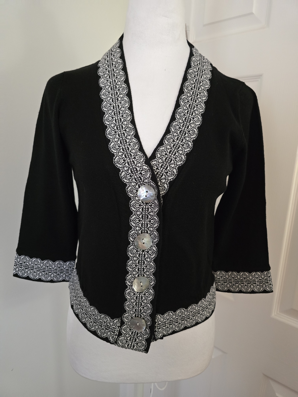Bette Paige Black/White Short Cardigan Pearl Buttons Sz. (Lg) Runs Small.